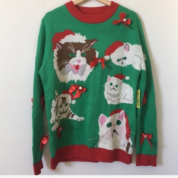 Tipsy Elves Sweaters - Tipsy elves ugly cat Christmas knit sweater bells